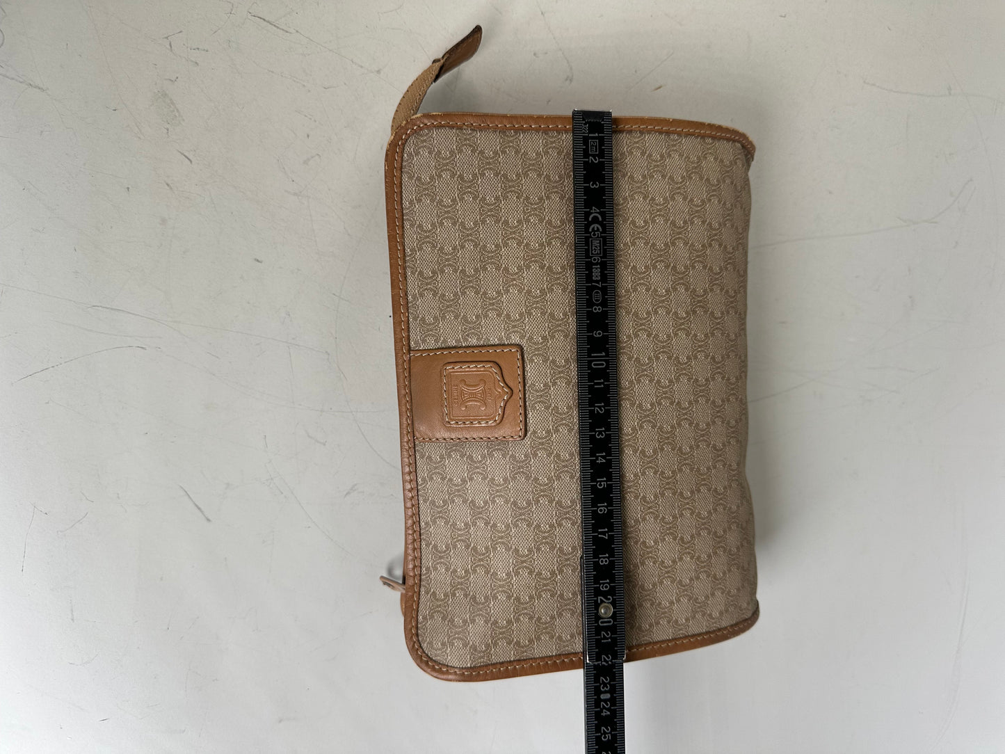 Vintage Celine Coated Canvas Pouch Beige Tan Gold Zip