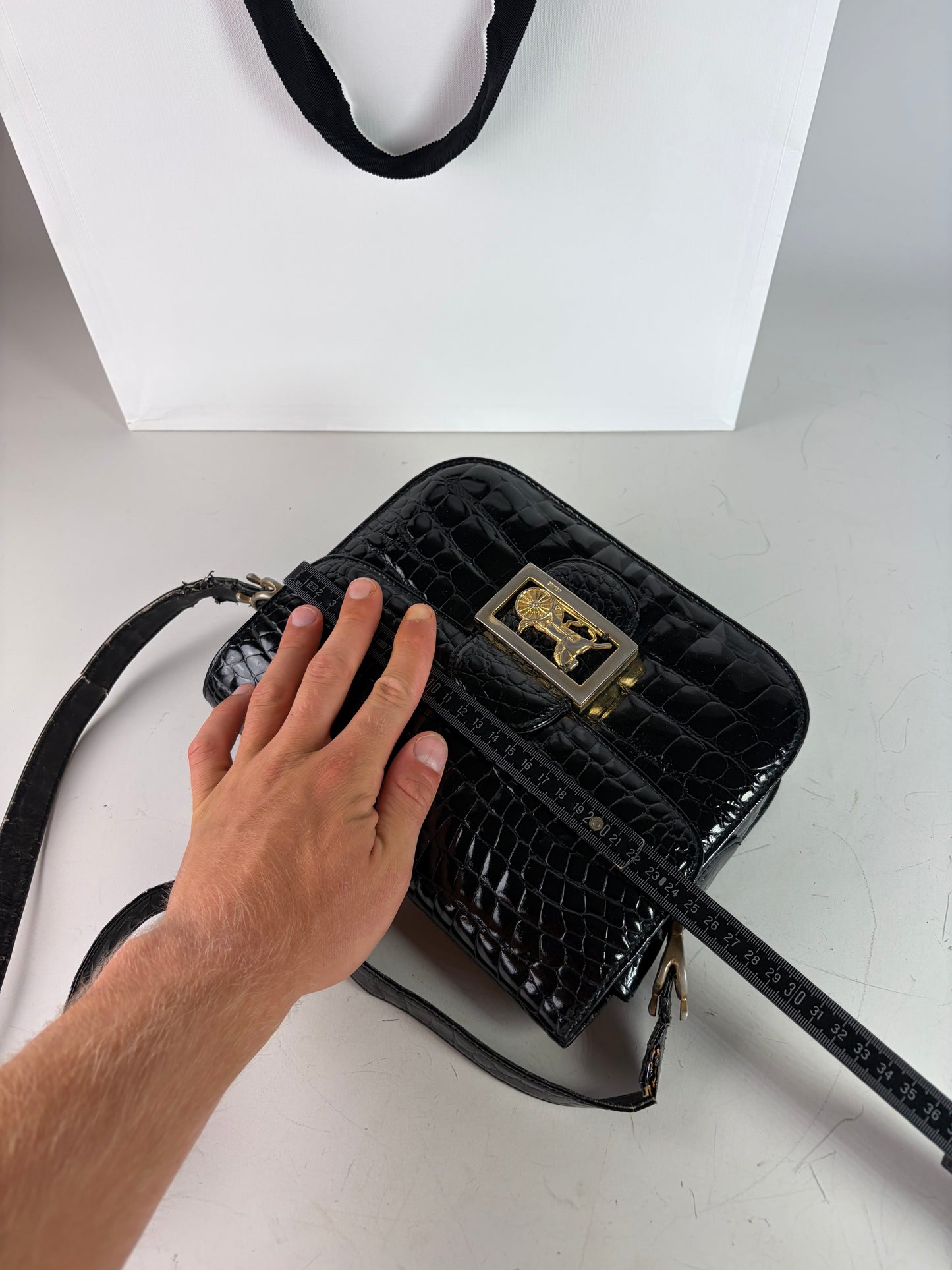Vintage Celine Crocodile-Embossed Leather Shoulder Bag Black Gold