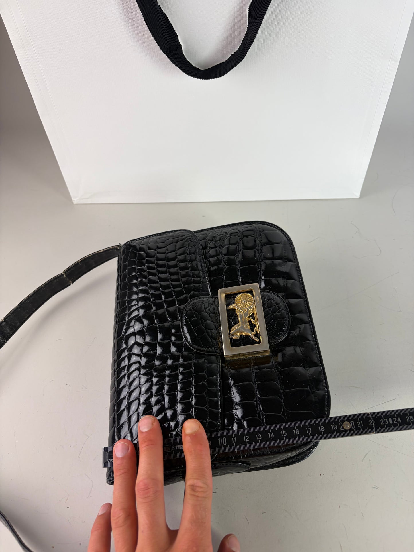 Vintage Celine Crocodile-Embossed Leather Shoulder Bag Black Gold