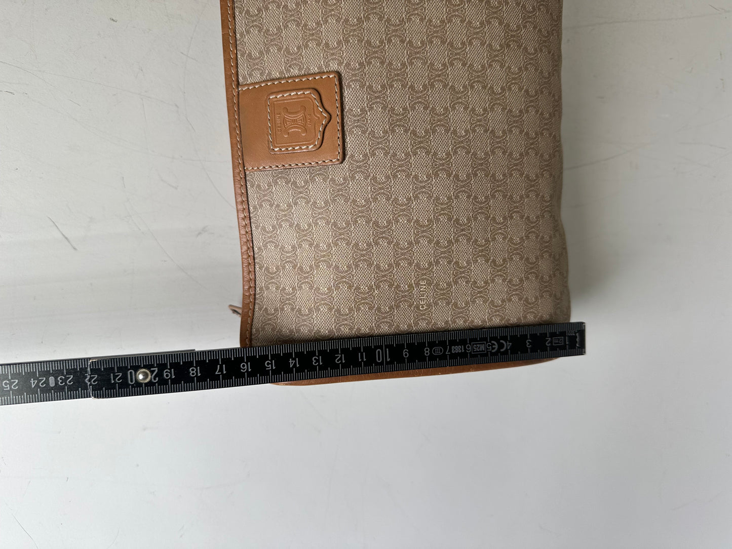 Vintage Celine Coated Canvas Pouch Beige Tan Gold Zip
