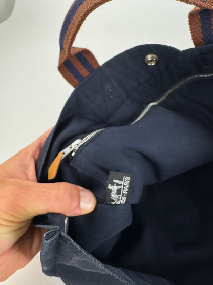 Sac cabas vintage Hermès en toile bleu marine rouge