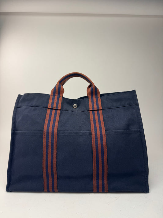 Sac cabas vintage Hermès en toile bleu marine rouge