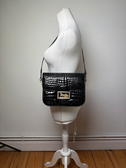 Vintage Celine Crocodile-Embossed Leather Shoulder Bag Black Gold