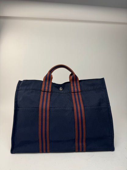 Sac cabas vintage Hermès en toile bleu marine rouge