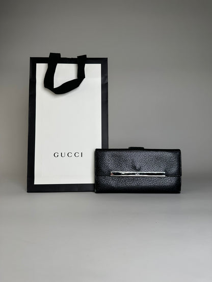 Vintage Gucci Textured Leather Wallet Black Silver