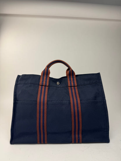 Sac cabas vintage Hermès en toile bleu marine rouge