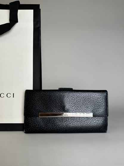 Vintage Gucci Textured Leather Wallet Black Silver