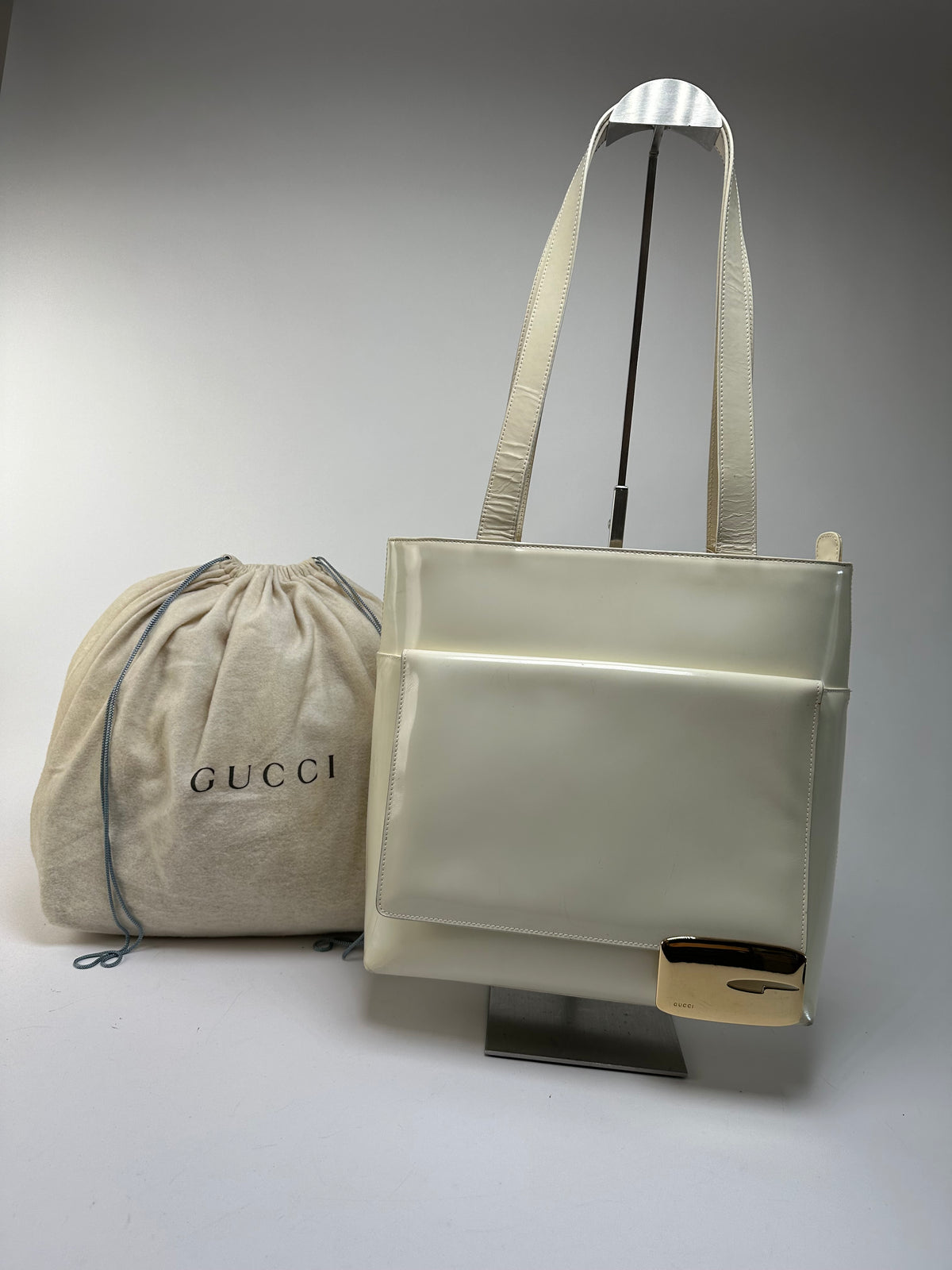 Vintage Gucci Structured Leather Tote Late 1990s Cream