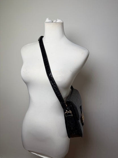 Vintage Celine Crocodile-Embossed Leather Shoulder Bag Black Gold