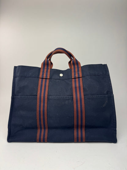 Sac cabas vintage Hermès en toile bleu marine rouge