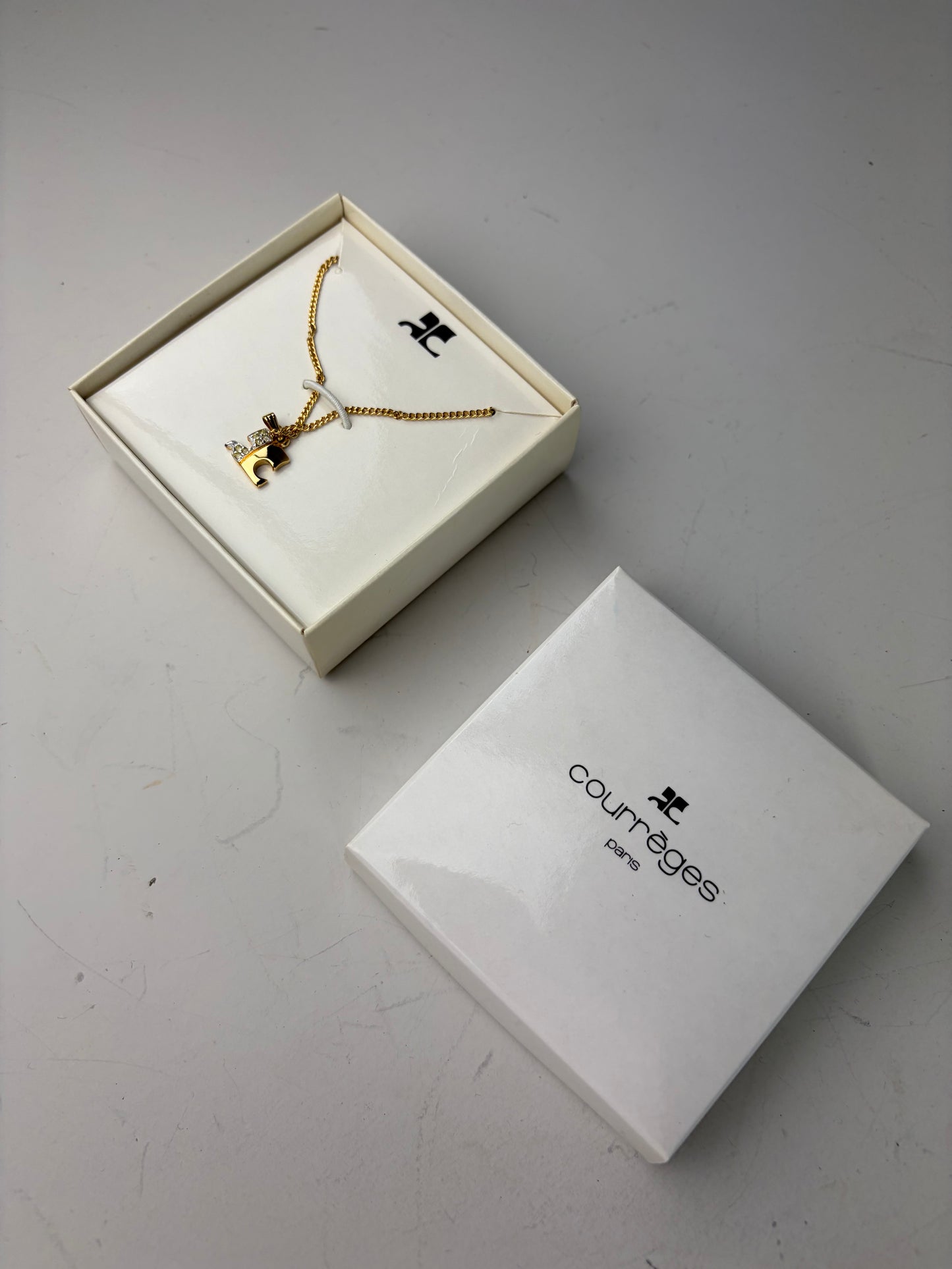 Vintage Courreges Crystal Accent Chain Necklace Gold New in Box