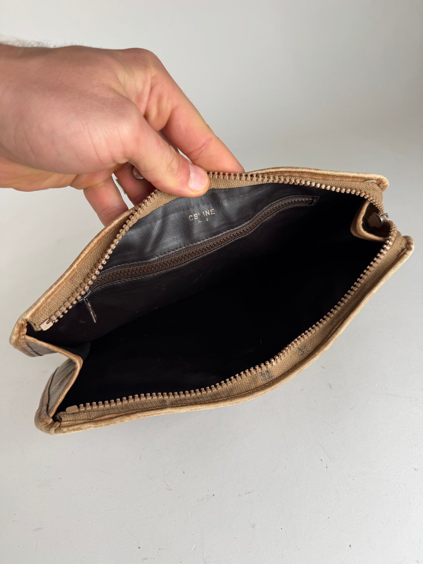 Vintage Celine Paris Leather monogram Clutch Brown beige
