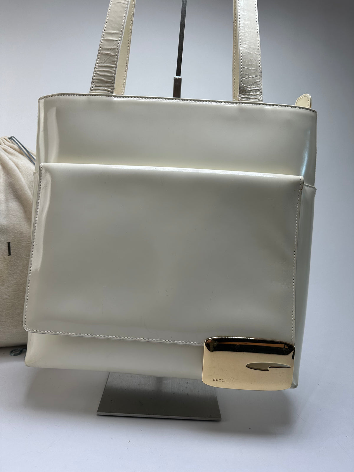 Vintage Gucci Structured Leather Tote Late 1990s Cream