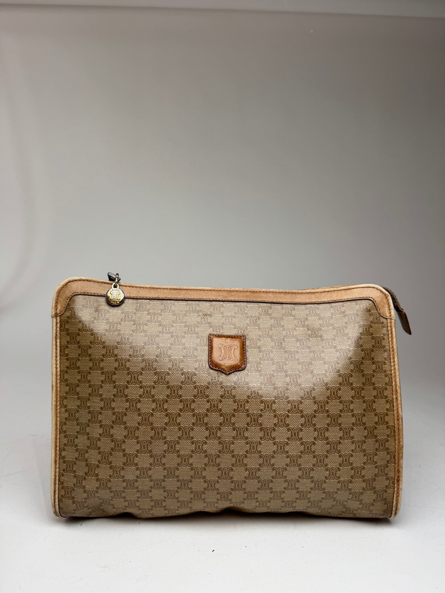 Vintage Celine Paris Leather monogram Clutch Brown beige
