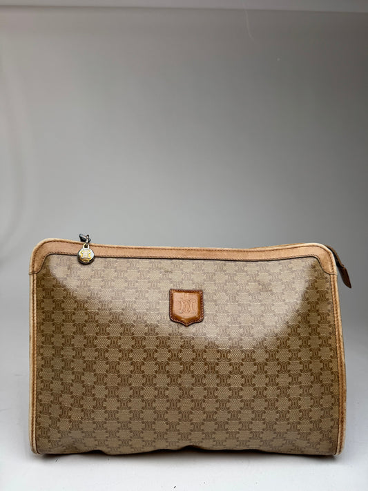 Vintage Celine Paris Leather monogram Clutch Brown beige
