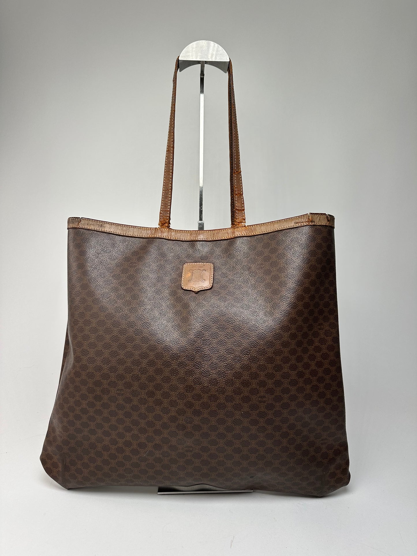 Vintage Celine Paris Triomphe Monogram Leather Tote Bag Brown