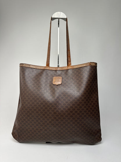 Vintage Celine Paris Triomphe Monogram Leather Tote Bag Brown