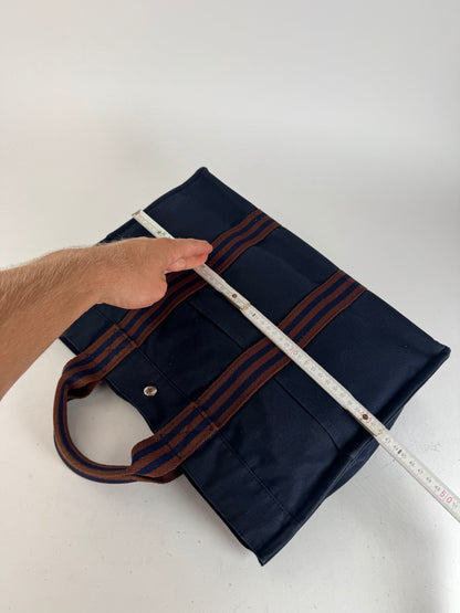 Sac cabas vintage Hermès en toile bleu marine rouge