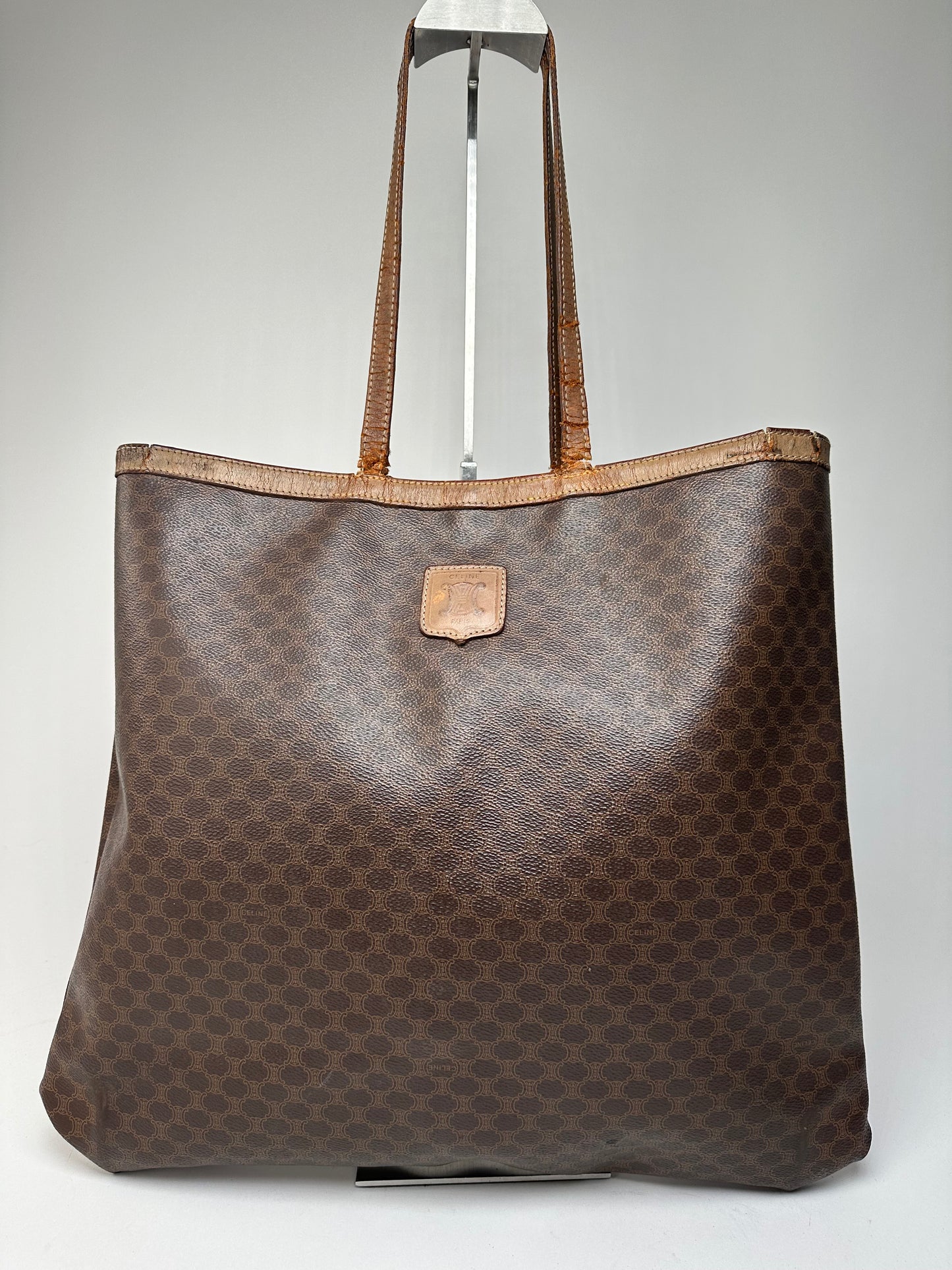 Vintage Celine Paris Triomphe Monogram Leather Tote Bag Brown