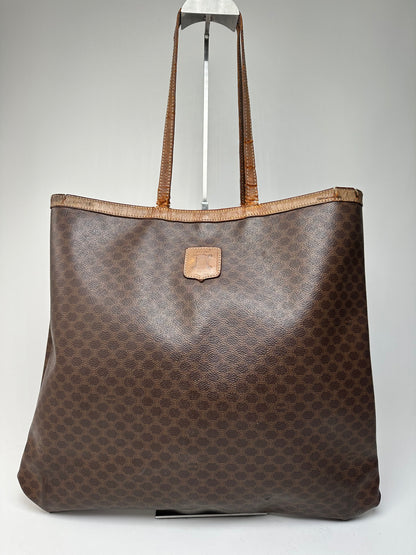 Vintage Celine Paris Triomphe Monogram Leather Tote Bag Brown