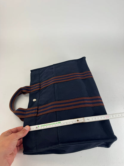 Sac cabas vintage Hermès en toile bleu marine rouge