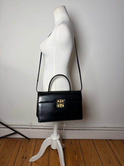 Vintage Givenchy G Logo Smooth Leather Bag Black Gold