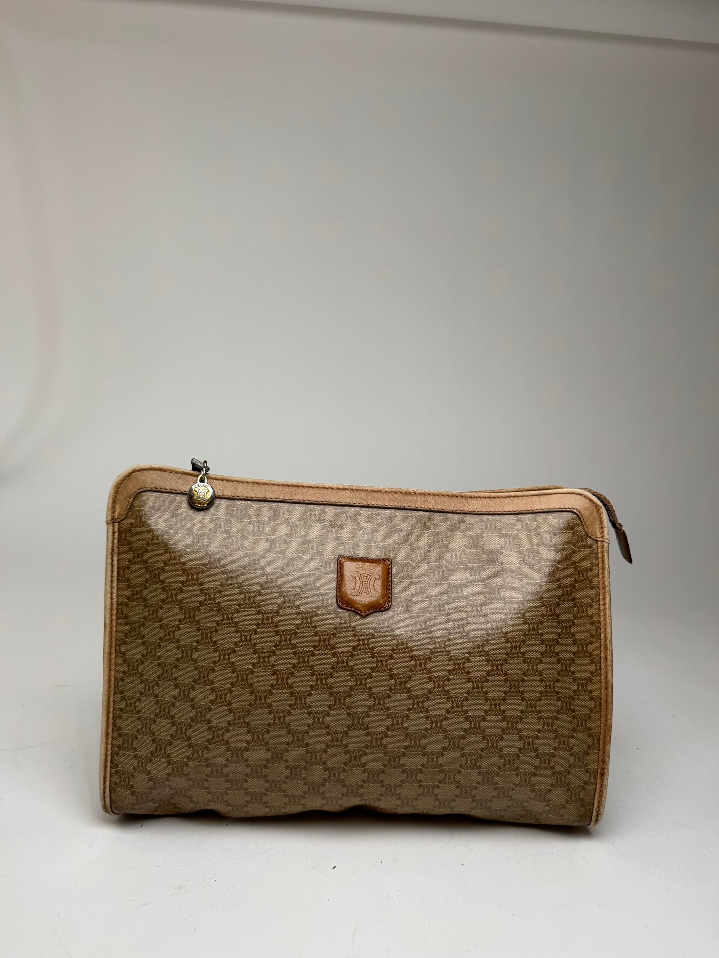 Vintage Celine Paris Leather monogram Clutch Brown beige