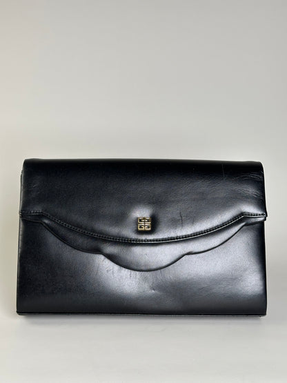 Vintage Givenchy Leather Clutch Bag Black Gold Push-Lock