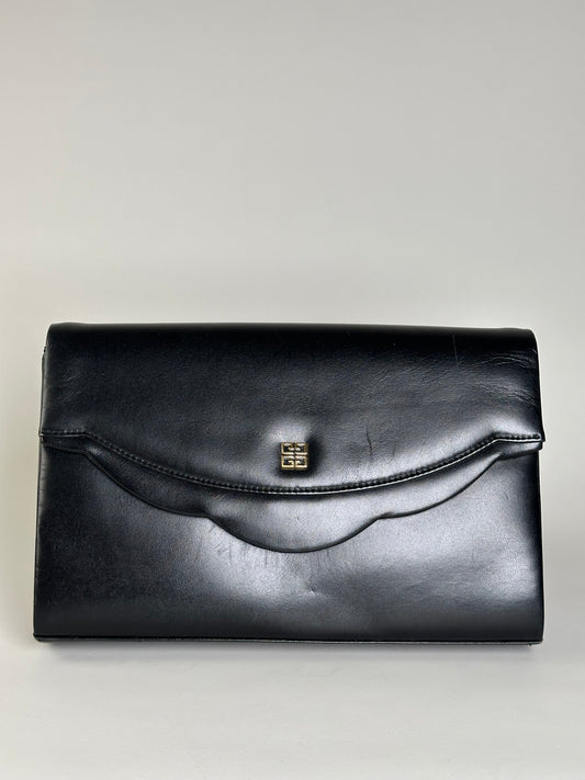 Vintage Givenchy Leather Clutch Bag Black Gold Push-Lock