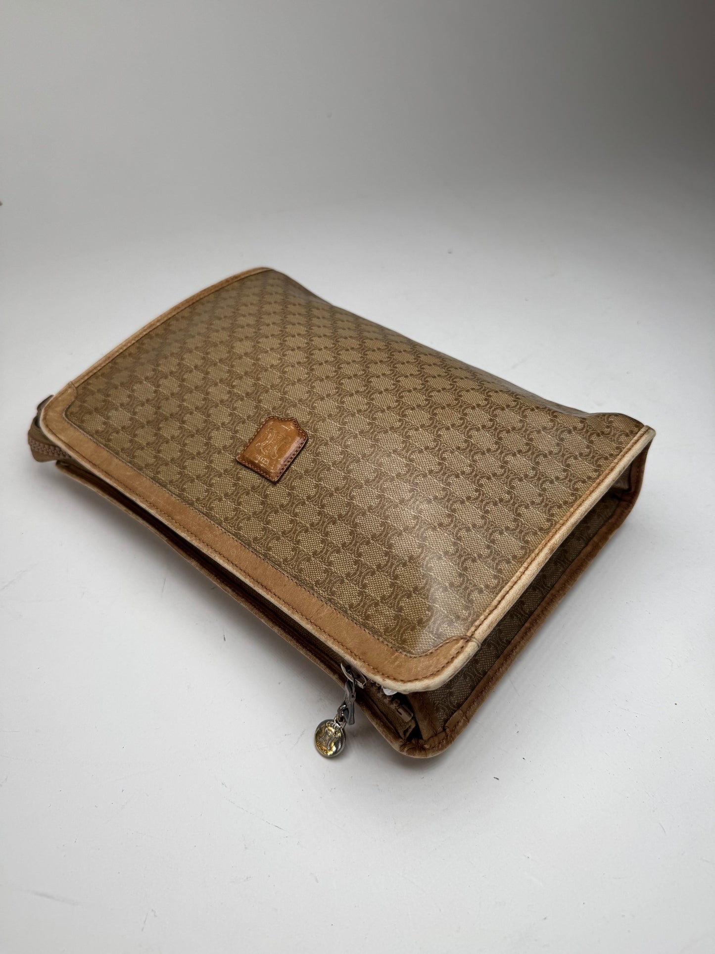 Vintage Celine Paris Leather monogram Clutch Brown beige