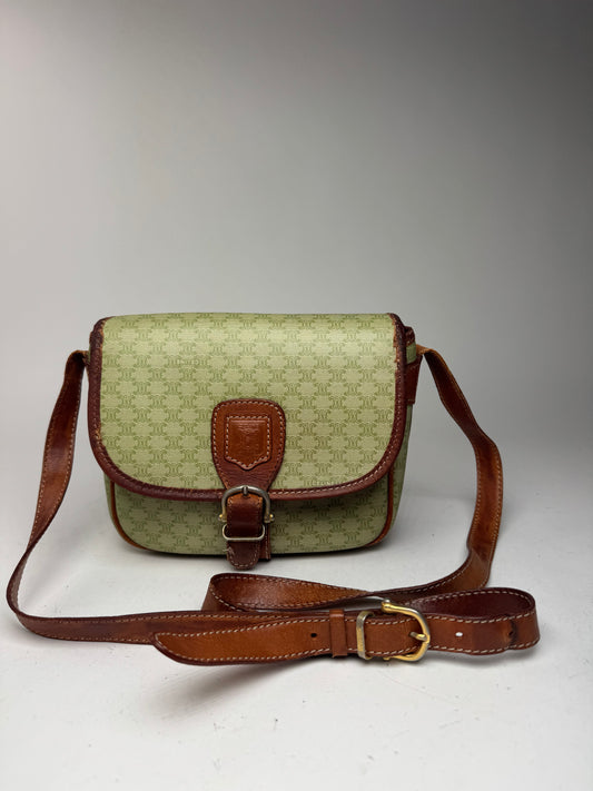 Sac bandoulière vintage Céline Triomphe Monogram beige vert marron