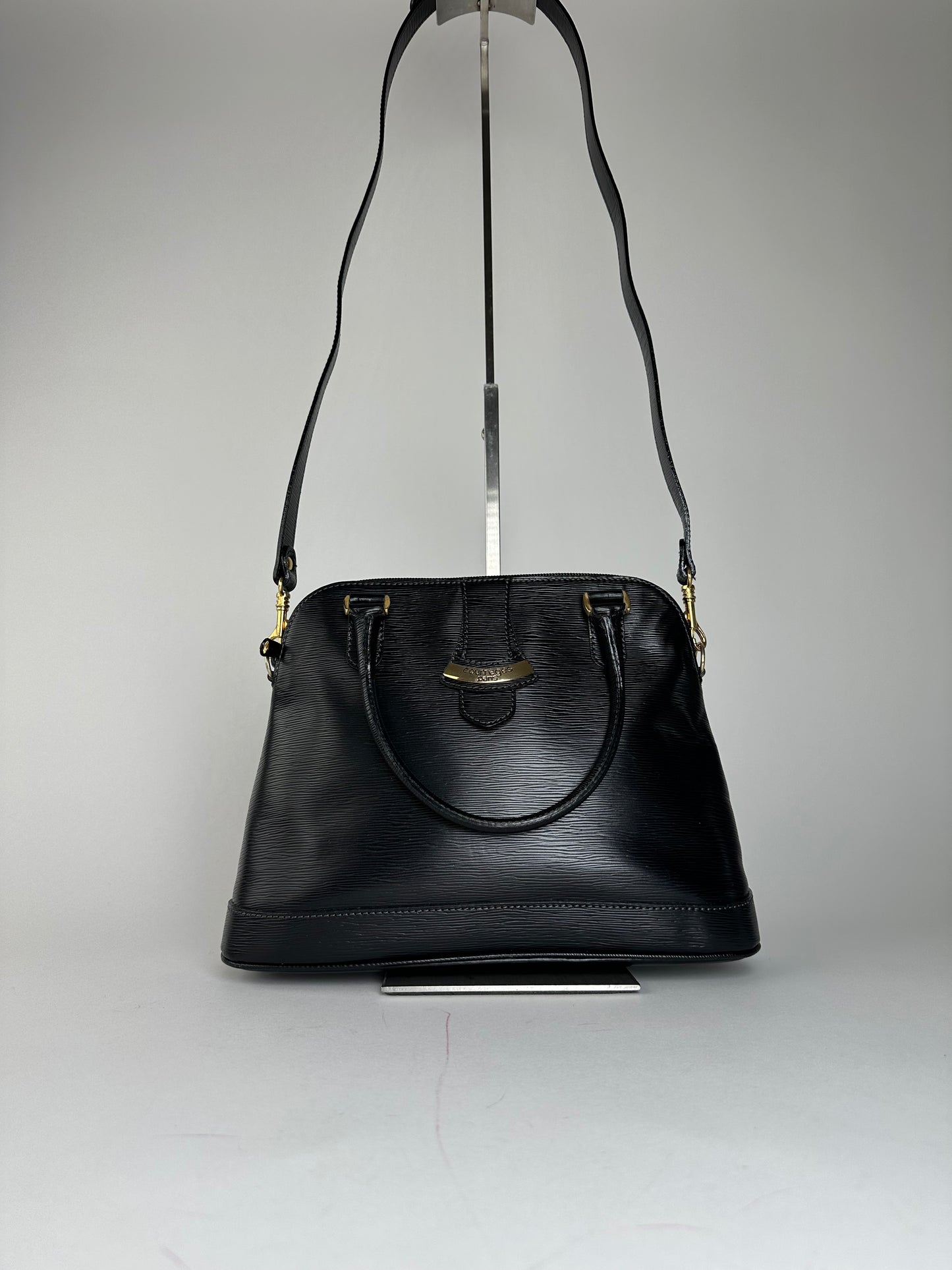 Vintage Courreges 2Way Riffeled Leather Handbag Black