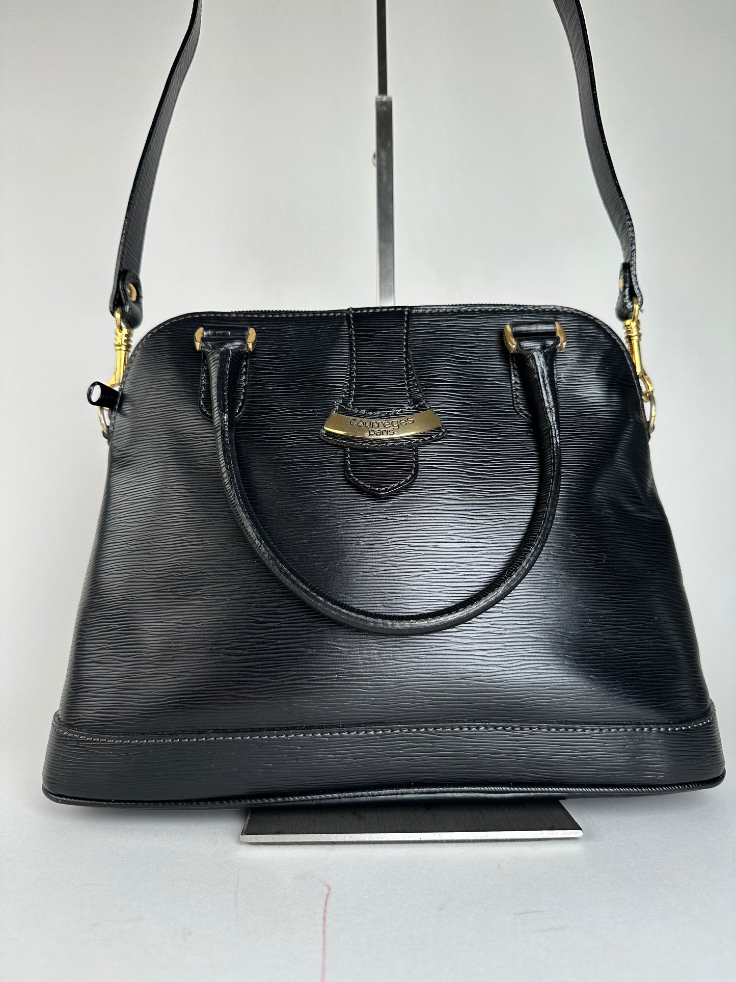 Vintage Courreges 2Way Riffeled Leather Handbag Black