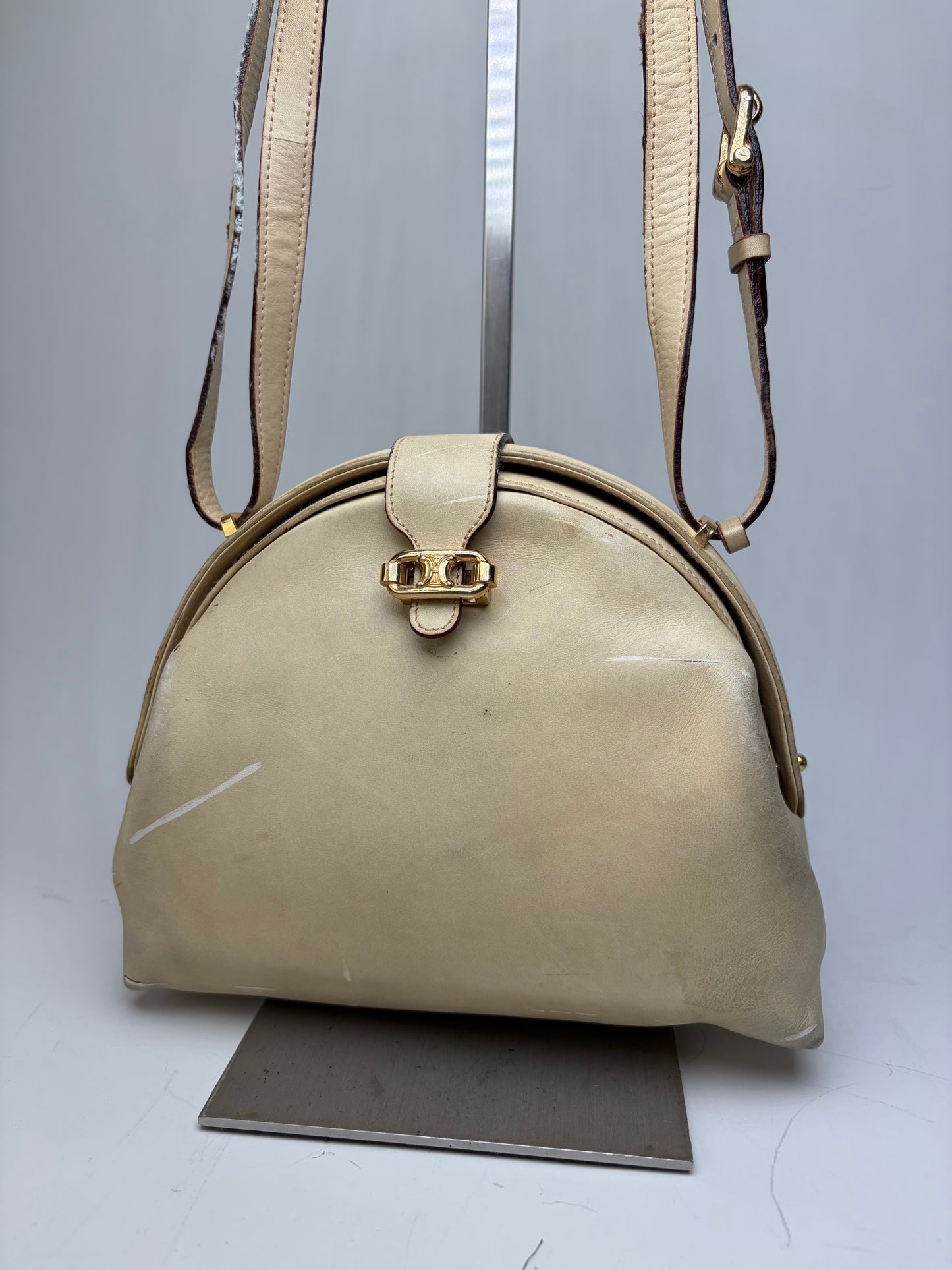 Vintage Celine Leather Shoulder Bag Cream Gold-Tone Turn-Lock