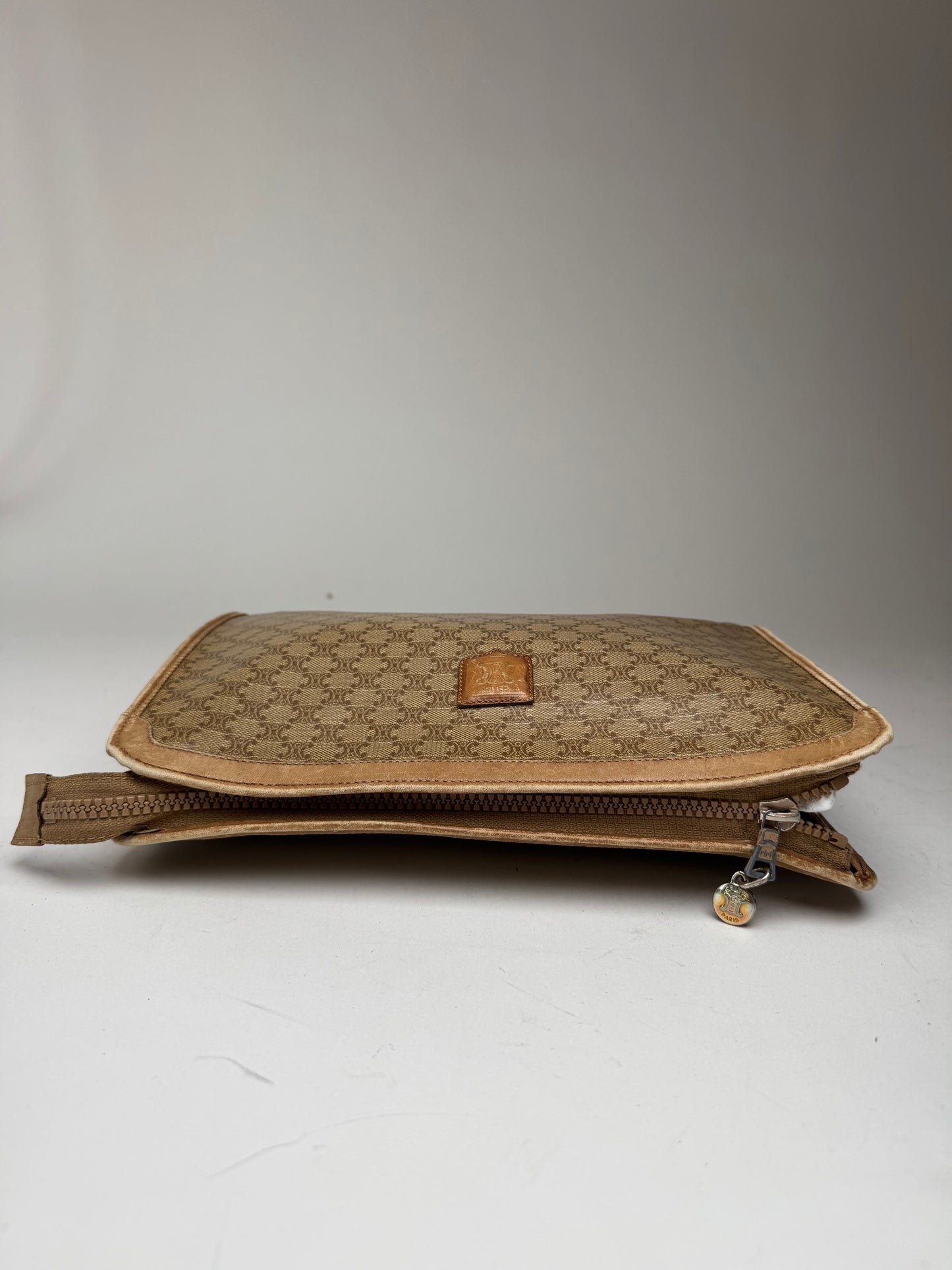 Vintage Celine Paris Leather monogram Clutch Brown beige