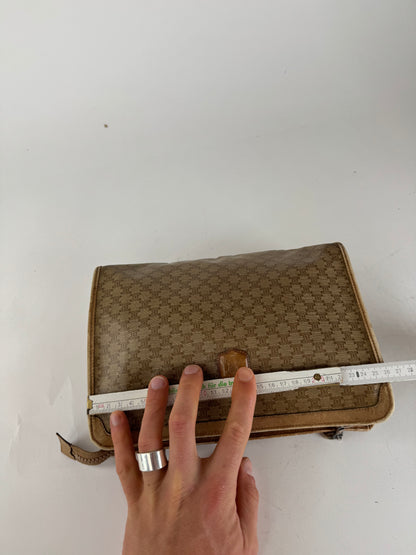 Vintage Celine Paris Leather monogram Clutch Brown beige