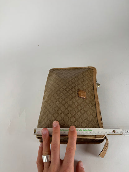 Vintage Celine Paris Leather monogram Clutch Brown beige
