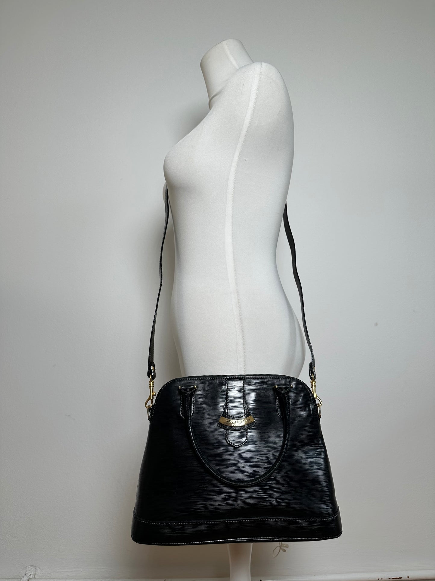 Vintage Courreges 2Way Riffeled Leather Handbag Black