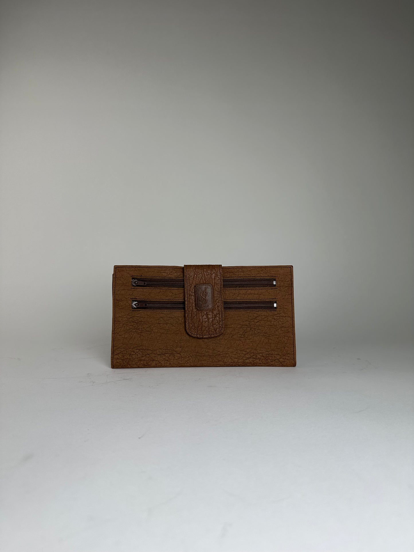 Vintage Saint Laurent Crinkled Leather Wallet Brown Silver