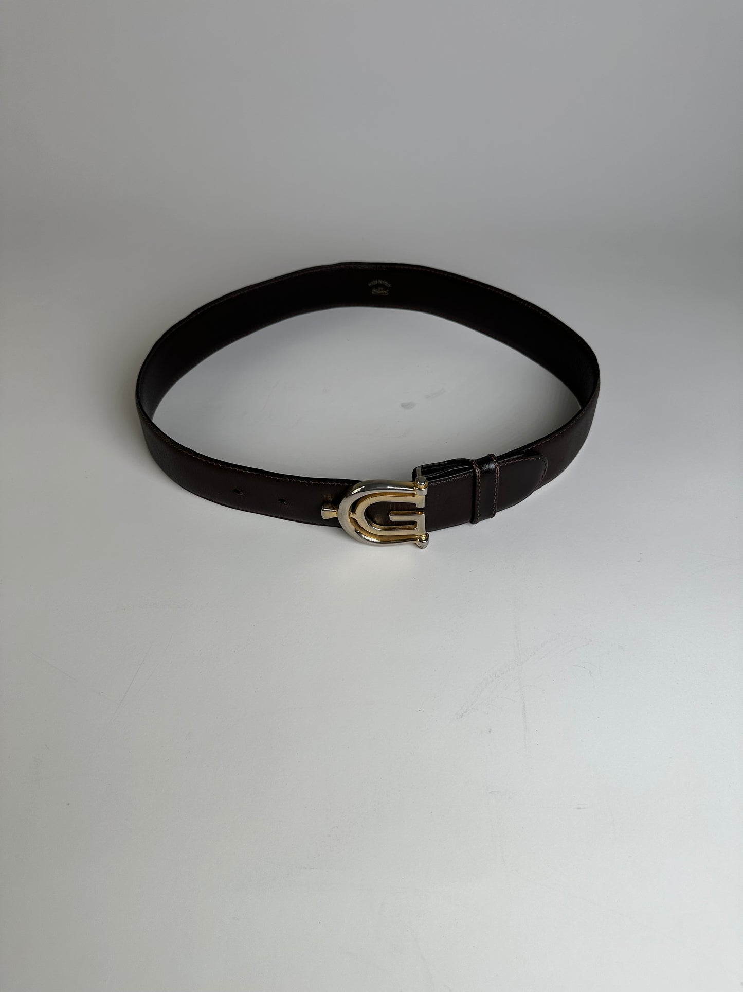 Vintage Gucci Double G Logo Leather Belt Dark Brown Gold