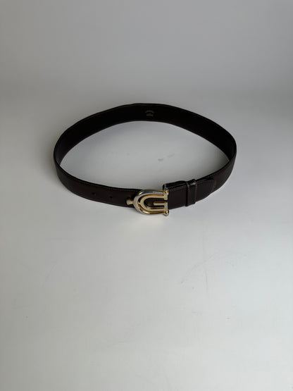 Vintage Gucci Double G Logo Leather Belt Dark Brown Gold