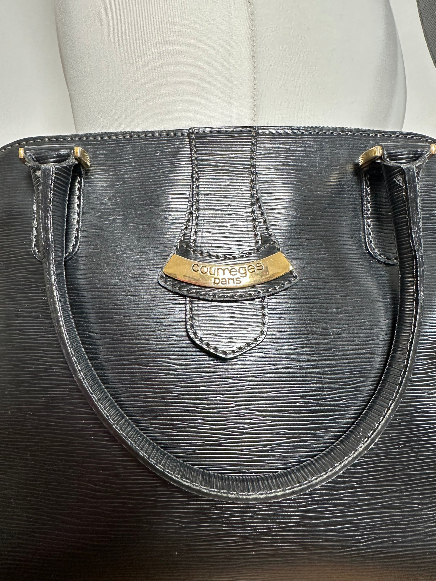 Vintage Courreges 2Way Riffeled Leather Handbag Black