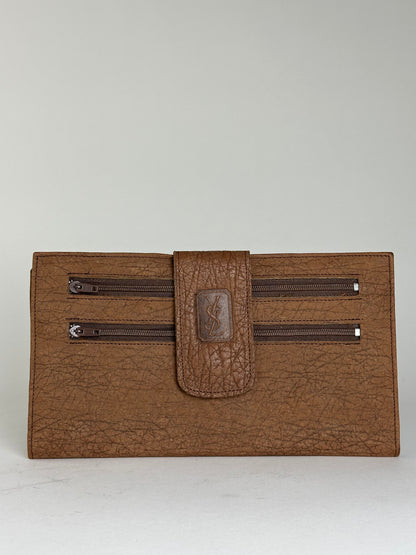 Vintage Saint Laurent Crinkled Leather Wallet Brown Silver