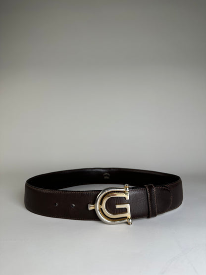 Vintage Gucci Double G Logo Leather Belt Dark Brown Gold