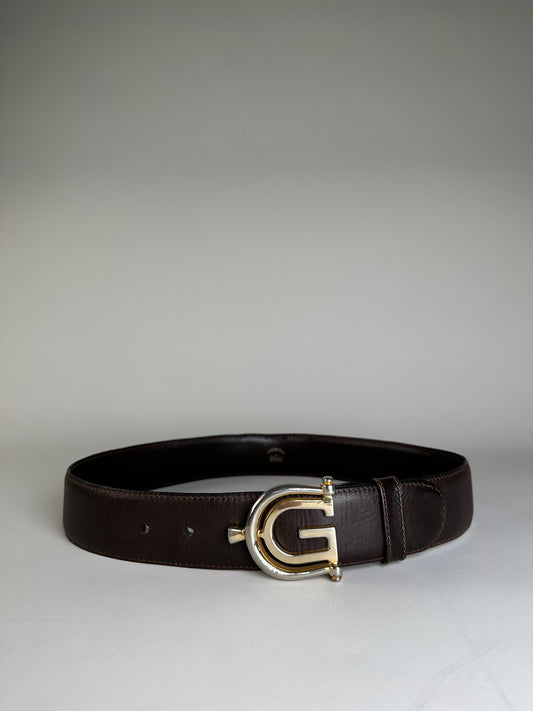 Vintage Gucci Double G Logo Leather Belt Dark Brown Gold