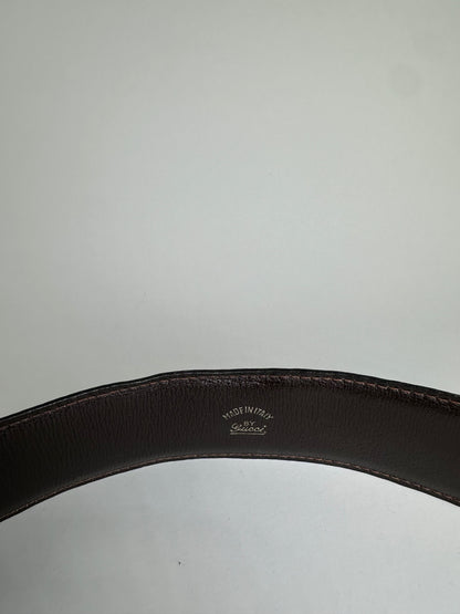 Vintage Gucci Double G Logo Leather Belt Dark Brown Gold
