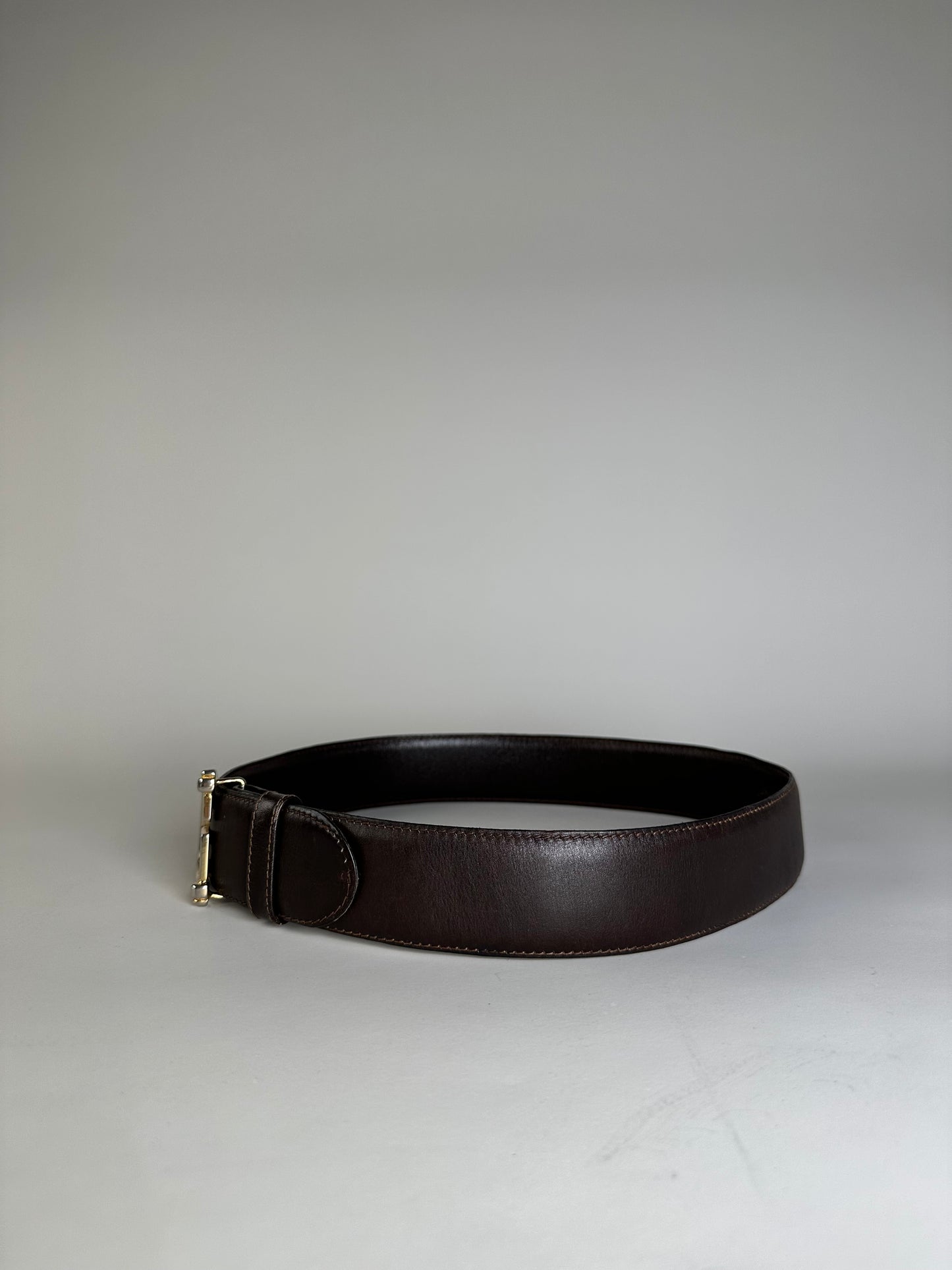 Vintage Gucci Double G Logo Leather Belt Dark Brown Gold