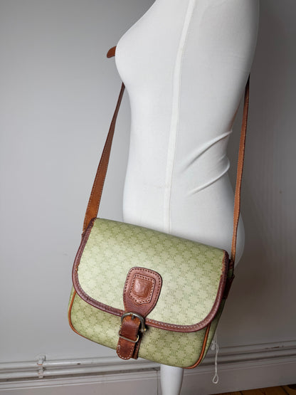 Sac bandoulière vintage Céline Triomphe Monogram beige vert marron