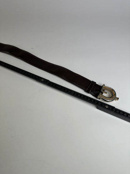 Vintage Gucci Double G Logo Leather Belt Dark Brown Gold