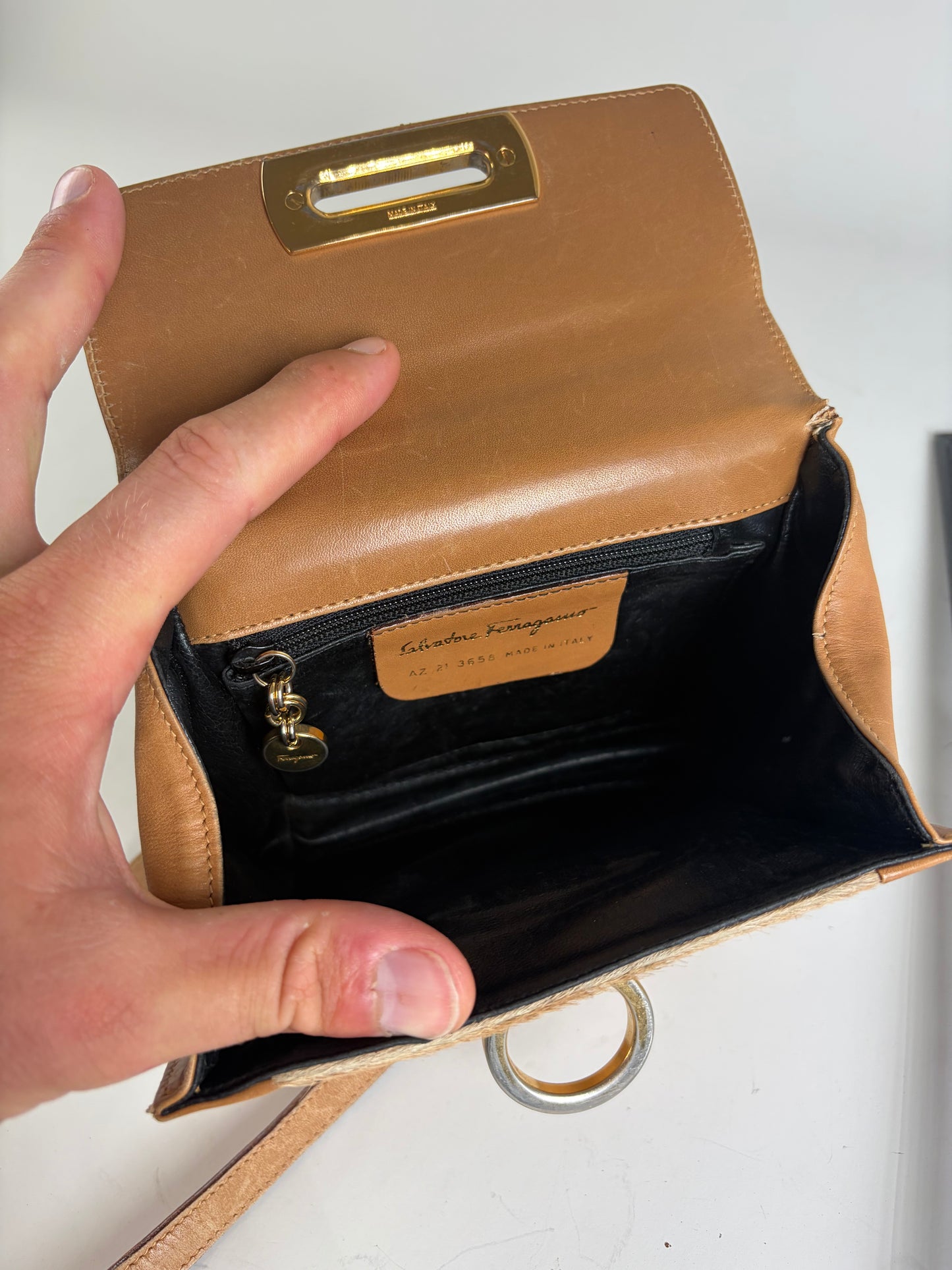 Vintage Ferragamo Leather Hair-On-Hide Crossbody Bag Tan Brown